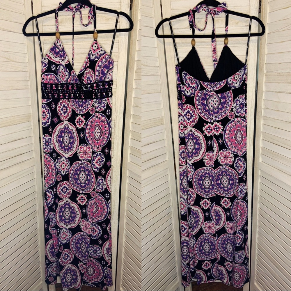 My Michelle Pink Purple Floral Geometric Print Halter Neck A Line Maxi Sundress